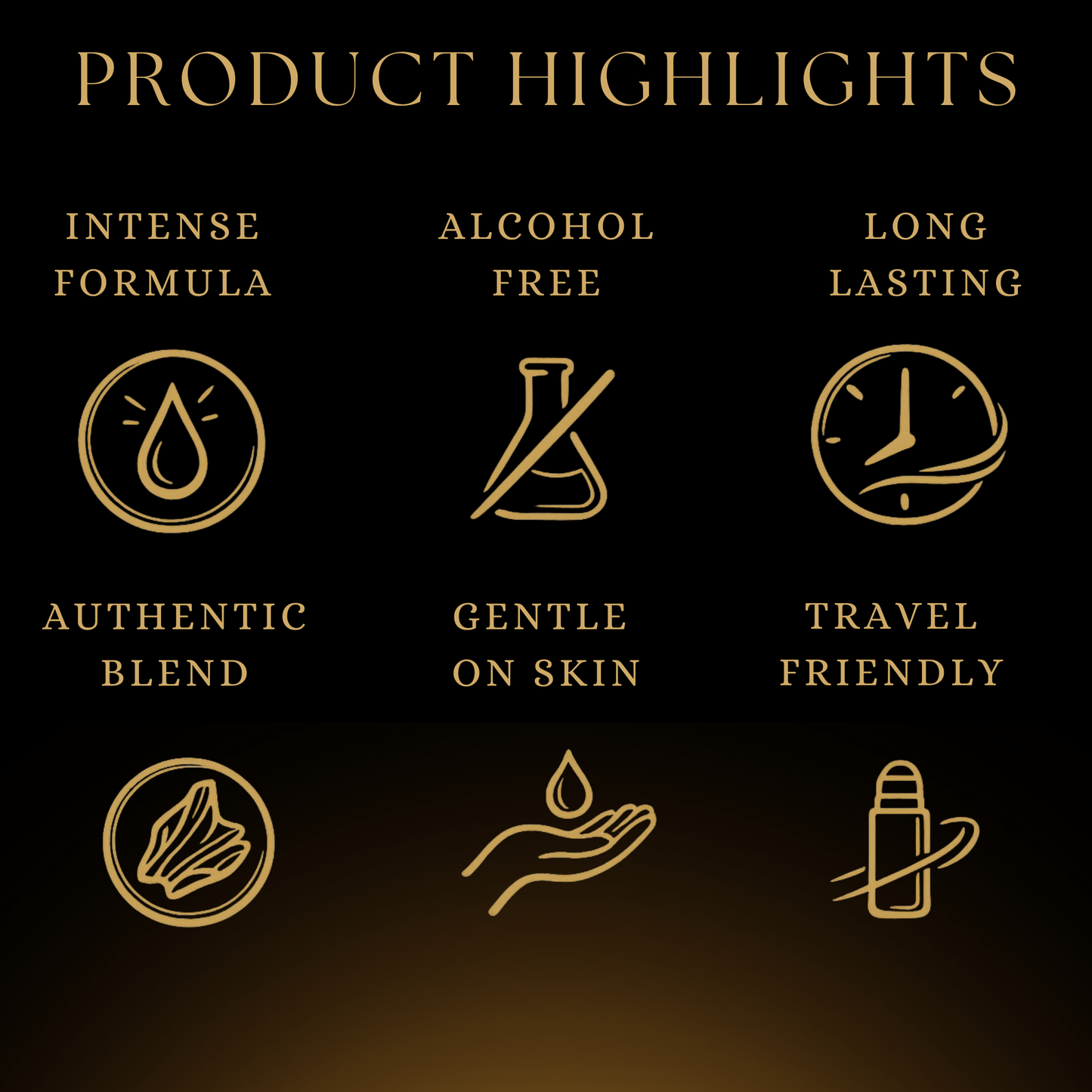 Attar Product highlights with icons and text on a black background
