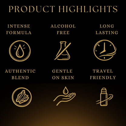 Attar Product highlights with icons and text on a black background